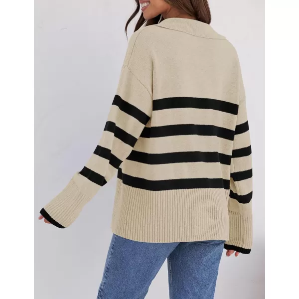 imageZESICA Womens 2023 Winter Striped Sweaters Lapel V Neck Long Sleeve Chunky Knit Oversized Pullover Sweater Jumper TopsApricot