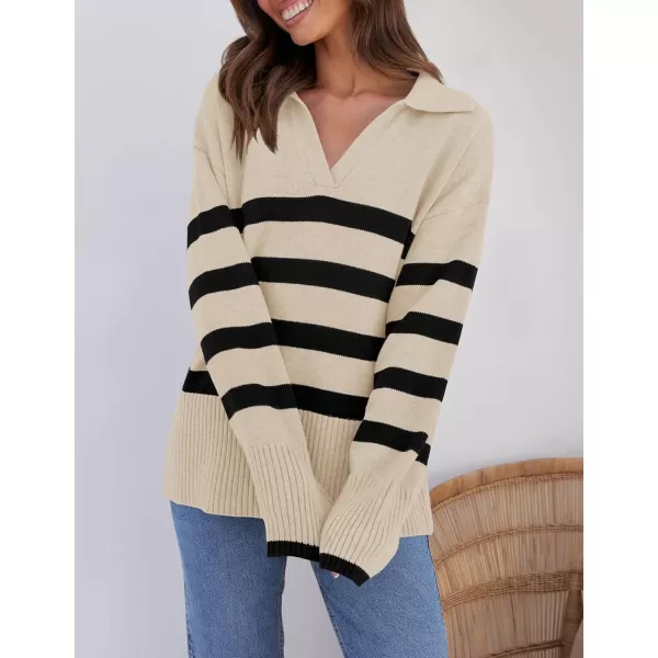 imageZESICA Womens 2023 Winter Striped Sweaters Lapel V Neck Long Sleeve Chunky Knit Oversized Pullover Sweater Jumper TopsApricot
