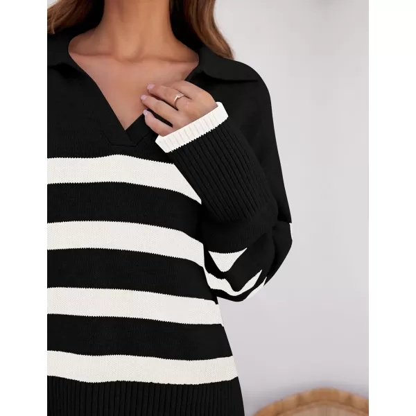 imageZESICA Womens 2023 Winter Striped Sweaters Lapel V Neck Long Sleeve Chunky Knit Oversized Pullover Sweater Jumper TopsBlack