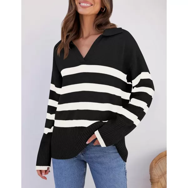 imageZESICA Womens 2023 Winter Striped Sweaters Lapel V Neck Long Sleeve Chunky Knit Oversized Pullover Sweater Jumper TopsBlack