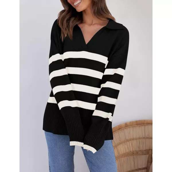 imageZESICA Womens 2023 Winter Striped Sweaters Lapel V Neck Long Sleeve Chunky Knit Oversized Pullover Sweater Jumper TopsBlack