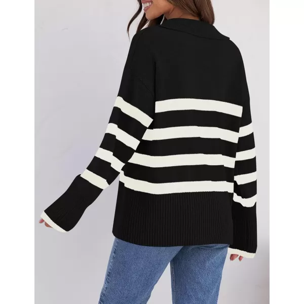 imageZESICA Womens 2023 Winter Striped Sweaters Lapel V Neck Long Sleeve Chunky Knit Oversized Pullover Sweater Jumper TopsBlack