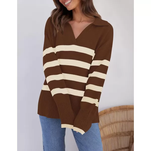 imageZESICA Womens 2023 Winter Striped Sweaters Lapel V Neck Long Sleeve Chunky Knit Oversized Pullover Sweater Jumper TopsCoffee