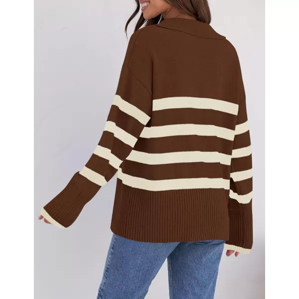 imageZESICA Womens 2023 Winter Striped Sweaters Lapel V Neck Long Sleeve Chunky Knit Oversized Pullover Sweater Jumper TopsCoffee