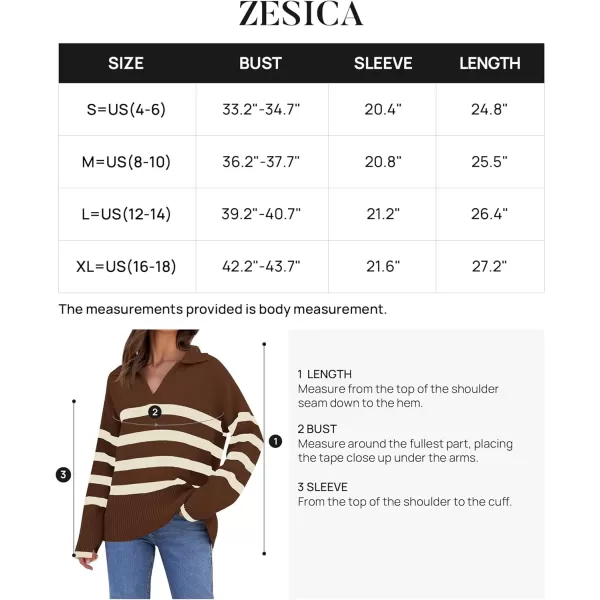 imageZESICA Womens 2023 Winter Striped Sweaters Lapel V Neck Long Sleeve Chunky Knit Oversized Pullover Sweater Jumper TopsCoffee