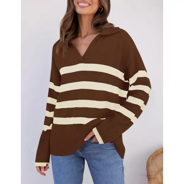 imageZESICA Womens 2023 Winter Striped Sweaters Lapel V Neck Long Sleeve Chunky Knit Oversized Pullover Sweater Jumper TopsCoffee