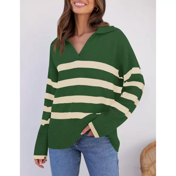 imageZESICA Womens 2023 Winter Striped Sweaters Lapel V Neck Long Sleeve Chunky Knit Oversized Pullover Sweater Jumper TopsGreen