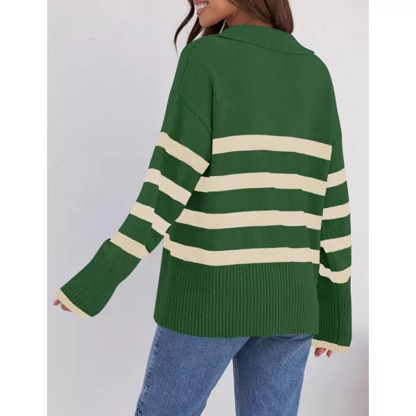 imageZESICA Womens 2023 Winter Striped Sweaters Lapel V Neck Long Sleeve Chunky Knit Oversized Pullover Sweater Jumper TopsGreen
