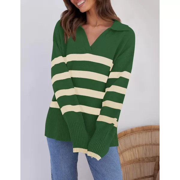 imageZESICA Womens 2023 Winter Striped Sweaters Lapel V Neck Long Sleeve Chunky Knit Oversized Pullover Sweater Jumper TopsGreen