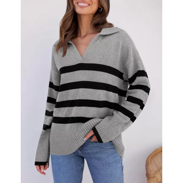 imageZESICA Womens 2023 Winter Striped Sweaters Lapel V Neck Long Sleeve Chunky Knit Oversized Pullover Sweater Jumper TopsGrey