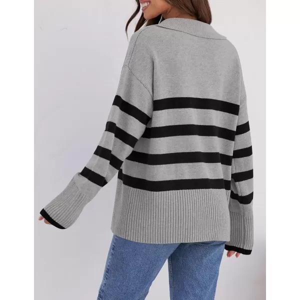 imageZESICA Womens 2023 Winter Striped Sweaters Lapel V Neck Long Sleeve Chunky Knit Oversized Pullover Sweater Jumper TopsGrey