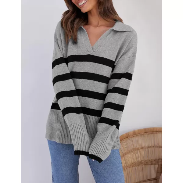 imageZESICA Womens 2023 Winter Striped Sweaters Lapel V Neck Long Sleeve Chunky Knit Oversized Pullover Sweater Jumper TopsGrey