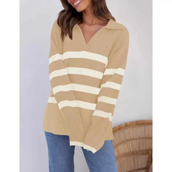 imageZESICA Womens 2023 Winter Striped Sweaters Lapel V Neck Long Sleeve Chunky Knit Oversized Pullover Sweater Jumper TopsKhaki