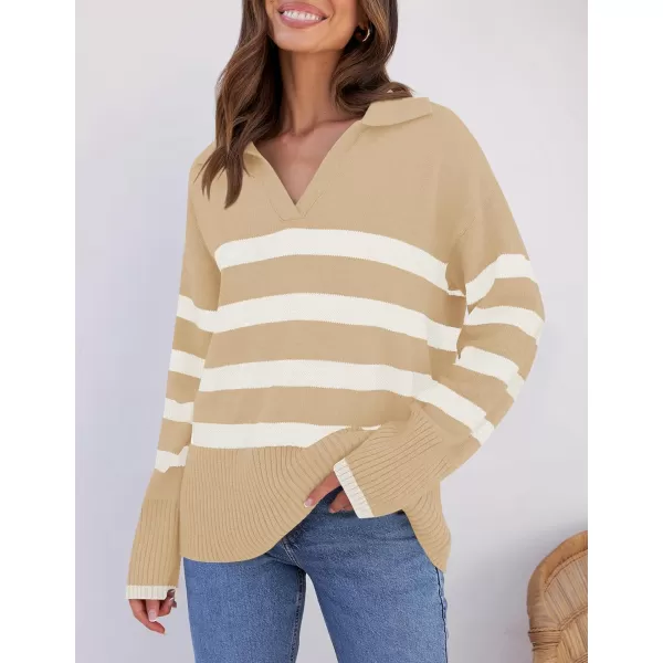 imageZESICA Womens 2023 Winter Striped Sweaters Lapel V Neck Long Sleeve Chunky Knit Oversized Pullover Sweater Jumper TopsKhaki