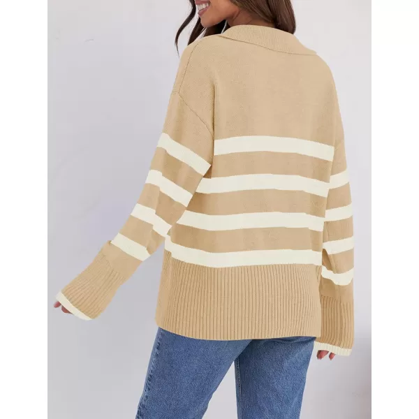 imageZESICA Womens 2023 Winter Striped Sweaters Lapel V Neck Long Sleeve Chunky Knit Oversized Pullover Sweater Jumper TopsKhaki