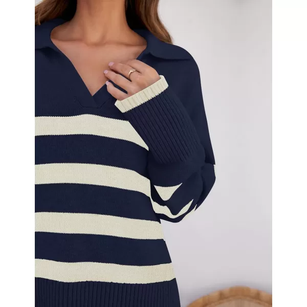 imageZESICA Womens 2023 Winter Striped Sweaters Lapel V Neck Long Sleeve Chunky Knit Oversized Pullover Sweater Jumper TopsNavy