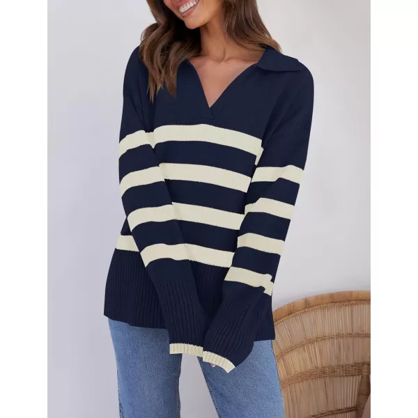 imageZESICA Womens 2023 Winter Striped Sweaters Lapel V Neck Long Sleeve Chunky Knit Oversized Pullover Sweater Jumper TopsNavy