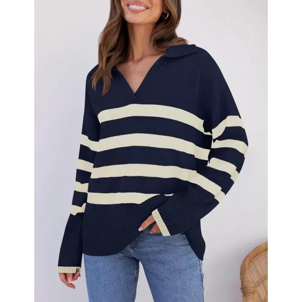 imageZESICA Womens 2023 Winter Striped Sweaters Lapel V Neck Long Sleeve Chunky Knit Oversized Pullover Sweater Jumper TopsNavy
