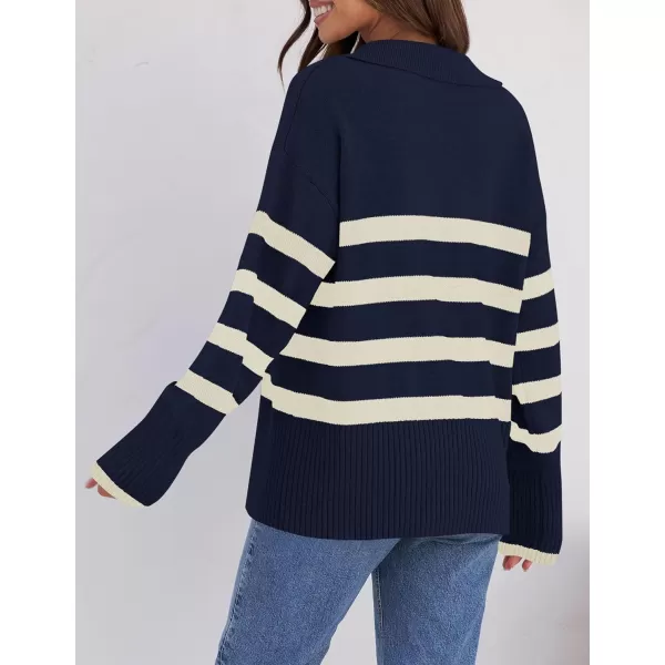 imageZESICA Womens 2023 Winter Striped Sweaters Lapel V Neck Long Sleeve Chunky Knit Oversized Pullover Sweater Jumper TopsNavy