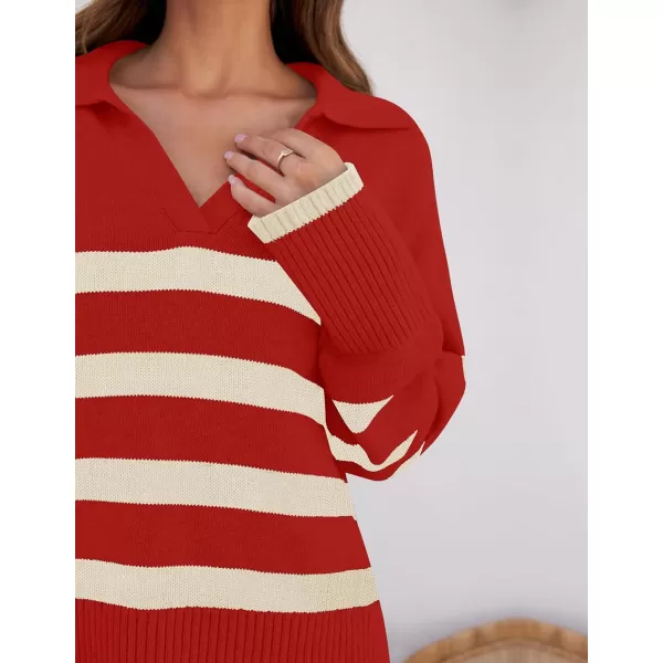 imageZESICA Womens 2023 Winter Striped Sweaters Lapel V Neck Long Sleeve Chunky Knit Oversized Pullover Sweater Jumper TopsRed