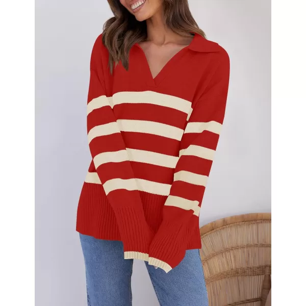 imageZESICA Womens 2023 Winter Striped Sweaters Lapel V Neck Long Sleeve Chunky Knit Oversized Pullover Sweater Jumper TopsRed