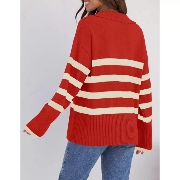 imageZESICA Womens 2023 Winter Striped Sweaters Lapel V Neck Long Sleeve Chunky Knit Oversized Pullover Sweater Jumper TopsRed