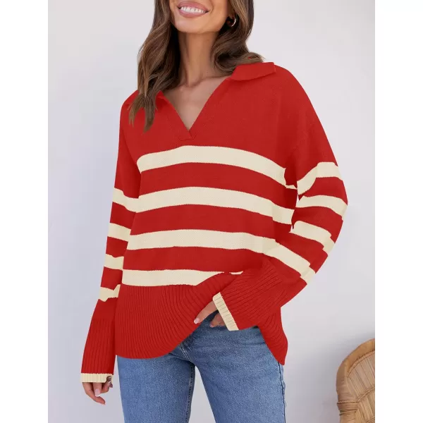 imageZESICA Womens 2023 Winter Striped Sweaters Lapel V Neck Long Sleeve Chunky Knit Oversized Pullover Sweater Jumper TopsRed