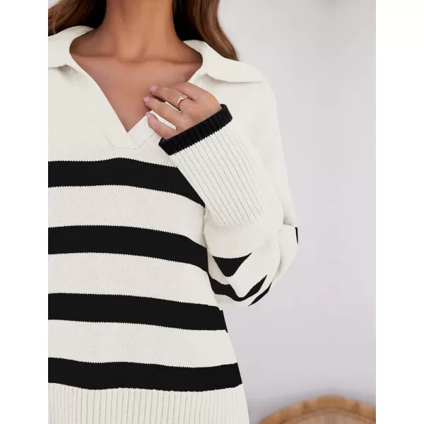 imageZESICA Womens 2023 Winter Striped Sweaters Lapel V Neck Long Sleeve Chunky Knit Oversized Pullover Sweater Jumper TopsWhite
