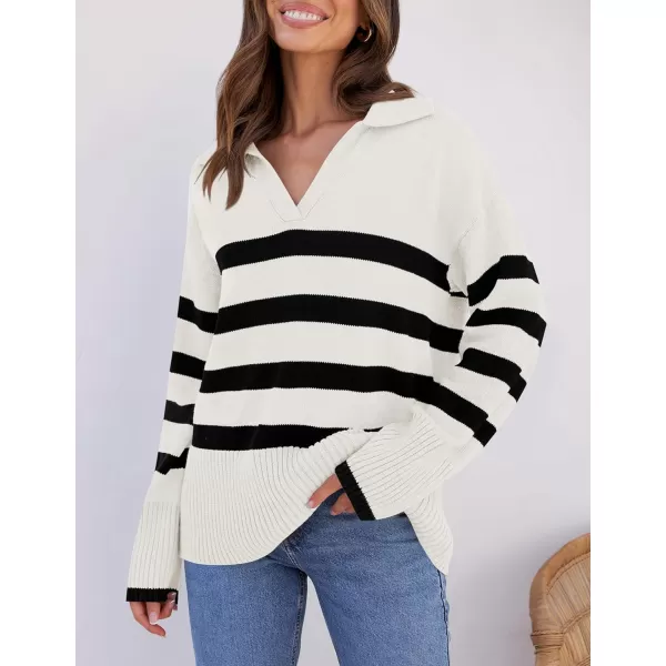 imageZESICA Womens 2023 Winter Striped Sweaters Lapel V Neck Long Sleeve Chunky Knit Oversized Pullover Sweater Jumper TopsWhite