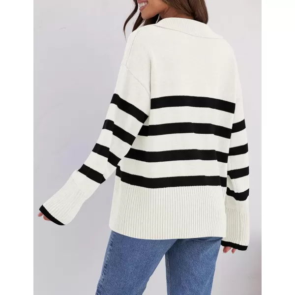 imageZESICA Womens 2023 Winter Striped Sweaters Lapel V Neck Long Sleeve Chunky Knit Oversized Pullover Sweater Jumper TopsWhite