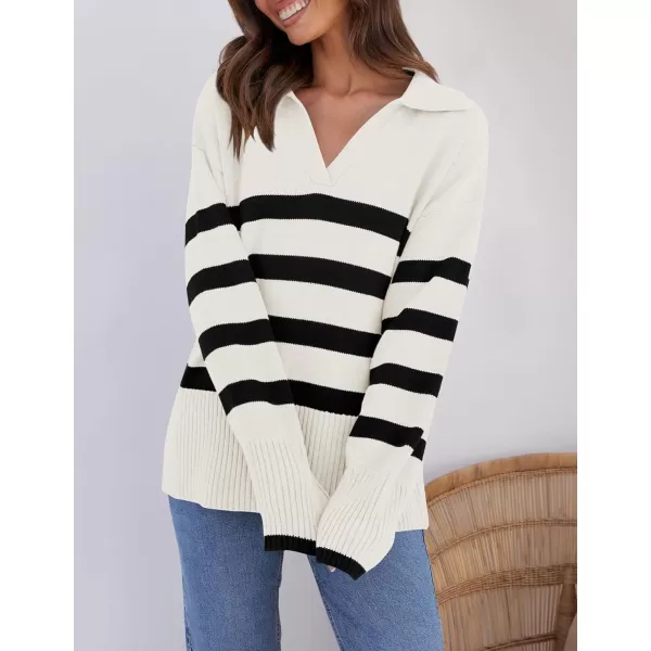 imageZESICA Womens 2023 Winter Striped Sweaters Lapel V Neck Long Sleeve Chunky Knit Oversized Pullover Sweater Jumper TopsWhite