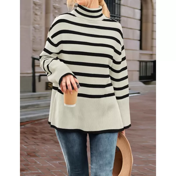 imageZESICA Womens 2023 Winter Sweaters Casual Turtleneck Long Sleeve Striped Side Slit Loose Pullover Sweater Jumper TopsApricot