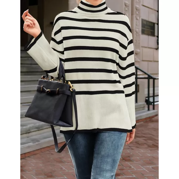 imageZESICA Womens 2023 Winter Sweaters Casual Turtleneck Long Sleeve Striped Side Slit Loose Pullover Sweater Jumper TopsApricot
