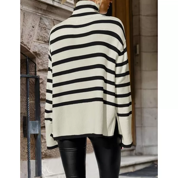 imageZESICA Womens 2023 Winter Sweaters Casual Turtleneck Long Sleeve Striped Side Slit Loose Pullover Sweater Jumper TopsApricot
