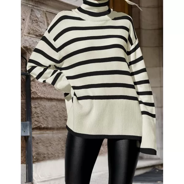 imageZESICA Womens 2023 Winter Sweaters Casual Turtleneck Long Sleeve Striped Side Slit Loose Pullover Sweater Jumper TopsApricot