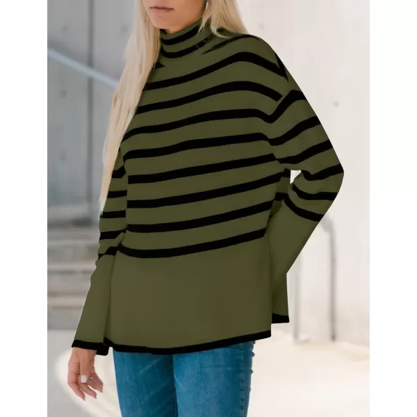 imageZESICA Womens 2023 Winter Sweaters Casual Turtleneck Long Sleeve Striped Side Slit Loose Pullover Sweater Jumper TopsArmygreen