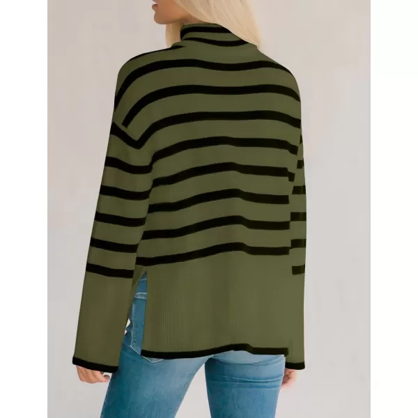 imageZESICA Womens 2023 Winter Sweaters Casual Turtleneck Long Sleeve Striped Side Slit Loose Pullover Sweater Jumper TopsArmygreen