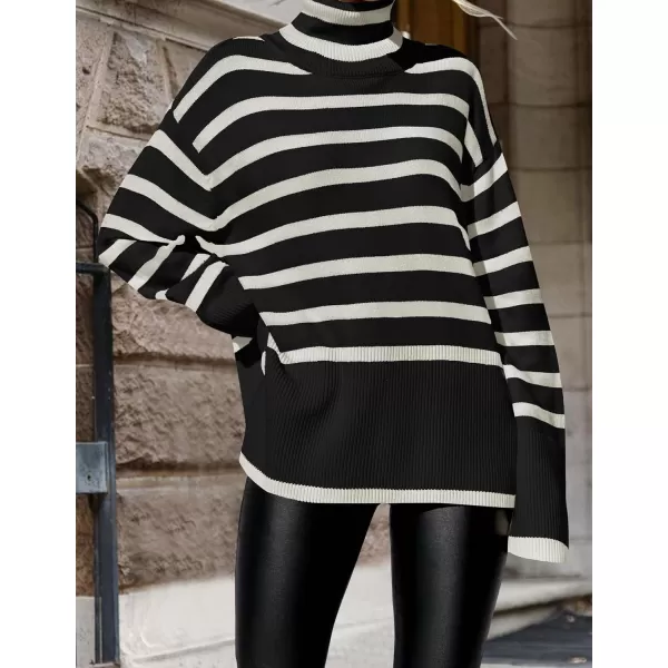 imageZESICA Womens 2023 Winter Sweaters Casual Turtleneck Long Sleeve Striped Side Slit Loose Pullover Sweater Jumper TopsBlack