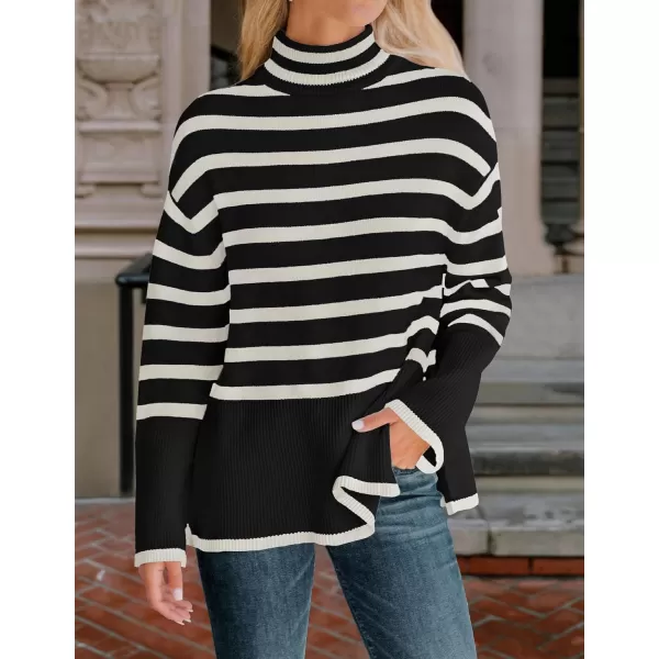 imageZESICA Womens 2023 Winter Sweaters Casual Turtleneck Long Sleeve Striped Side Slit Loose Pullover Sweater Jumper TopsBlack