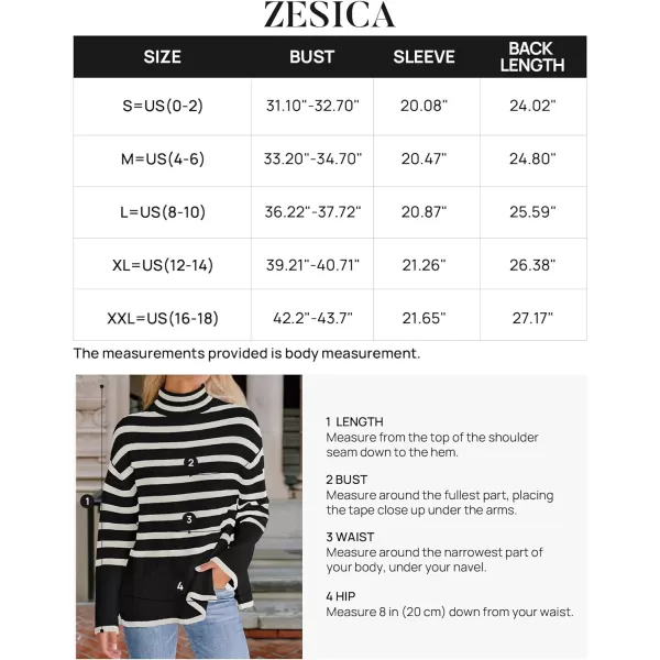 imageZESICA Womens 2023 Winter Sweaters Casual Turtleneck Long Sleeve Striped Side Slit Loose Pullover Sweater Jumper TopsBlack