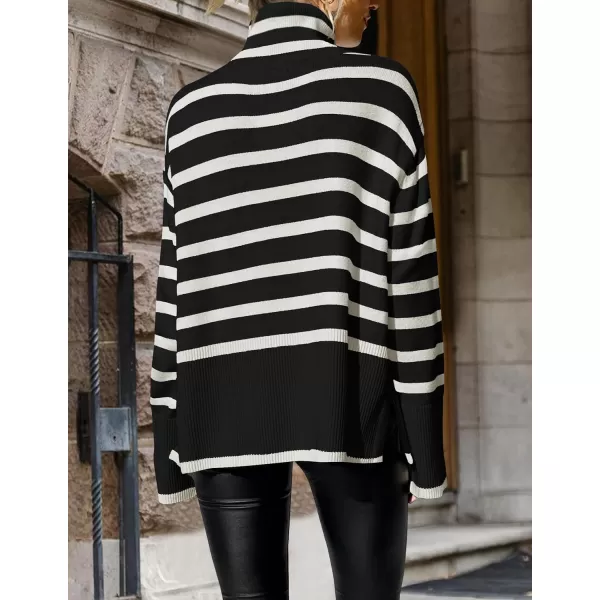 imageZESICA Womens 2023 Winter Sweaters Casual Turtleneck Long Sleeve Striped Side Slit Loose Pullover Sweater Jumper TopsBlack