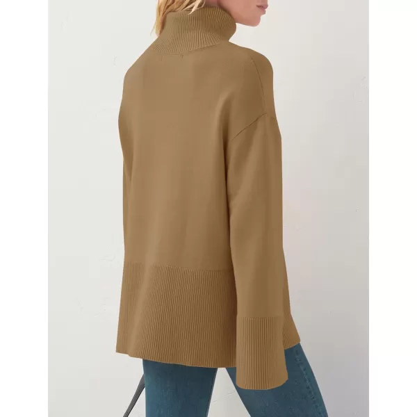 imageZESICA Womens 2023 Winter Sweaters Casual Turtleneck Long Sleeve Striped Side Slit Loose Pullover Sweater Jumper TopsCamel