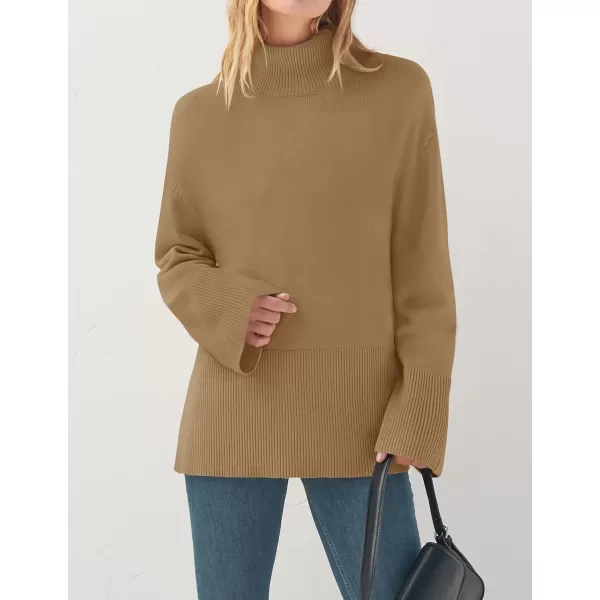 imageZESICA Womens 2023 Winter Sweaters Casual Turtleneck Long Sleeve Striped Side Slit Loose Pullover Sweater Jumper TopsCamel