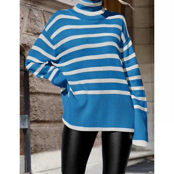 imageZESICA Womens 2023 Winter Sweaters Casual Turtleneck Long Sleeve Striped Side Slit Loose Pullover Sweater Jumper TopsCobaltblue