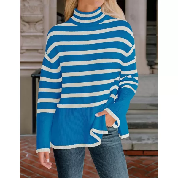 imageZESICA Womens 2023 Winter Sweaters Casual Turtleneck Long Sleeve Striped Side Slit Loose Pullover Sweater Jumper TopsCobaltblue