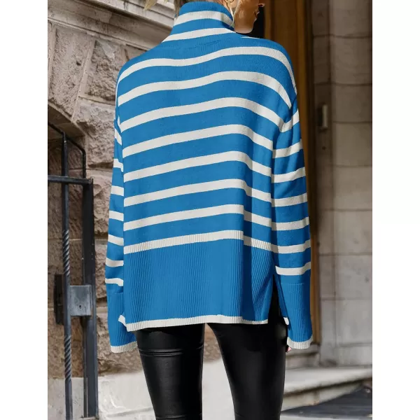 imageZESICA Womens 2023 Winter Sweaters Casual Turtleneck Long Sleeve Striped Side Slit Loose Pullover Sweater Jumper TopsCobaltblue