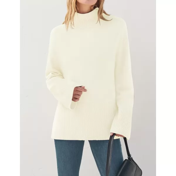 imageZESICA Womens 2023 Winter Sweaters Casual Turtleneck Long Sleeve Striped Side Slit Loose Pullover Sweater Jumper TopsCream