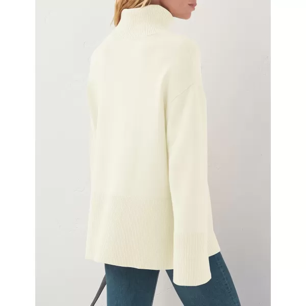 imageZESICA Womens 2023 Winter Sweaters Casual Turtleneck Long Sleeve Striped Side Slit Loose Pullover Sweater Jumper TopsCream
