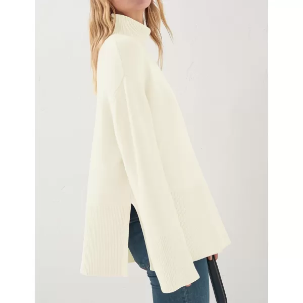 imageZESICA Womens 2023 Winter Sweaters Casual Turtleneck Long Sleeve Striped Side Slit Loose Pullover Sweater Jumper TopsCream