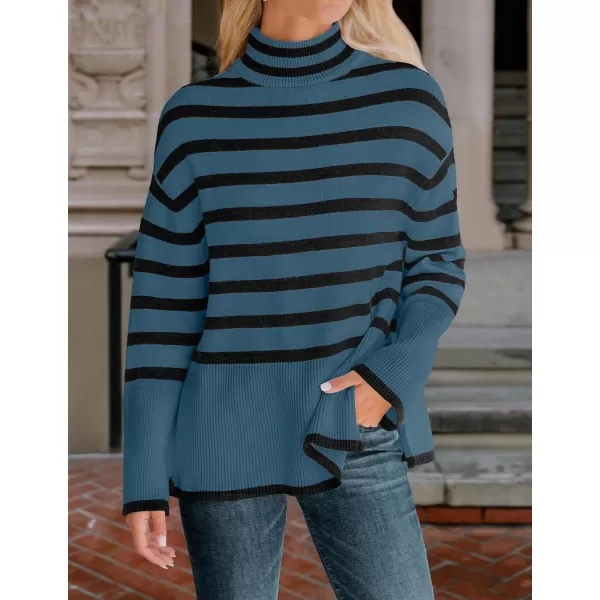 imageZESICA Womens 2023 Winter Sweaters Casual Turtleneck Long Sleeve Striped Side Slit Loose Pullover Sweater Jumper TopsDustyblue